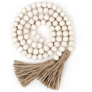 Rustic Wood Bead Garland Farmhouse Decor Tassel Boho Wall Hanging 58 Inch